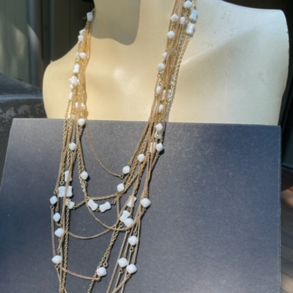 3 Vintage MILK GLASS BEAD + GOLD TONE NECKLACES, Extra Long, Versatile, W.German